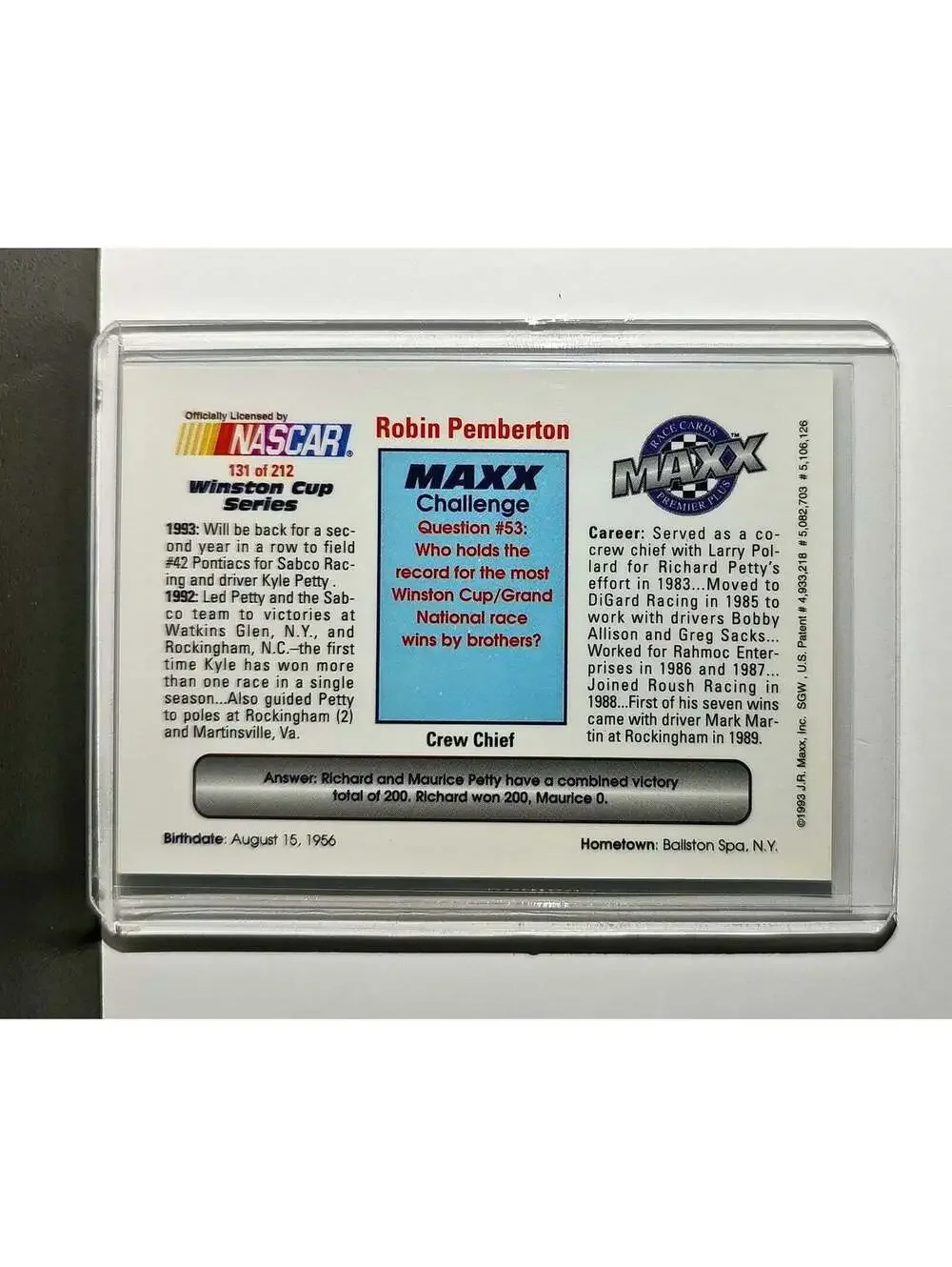Robin Pemberton 1993 Maxx Premier Plus Racing #131 NASCAR Card SABCO Racing